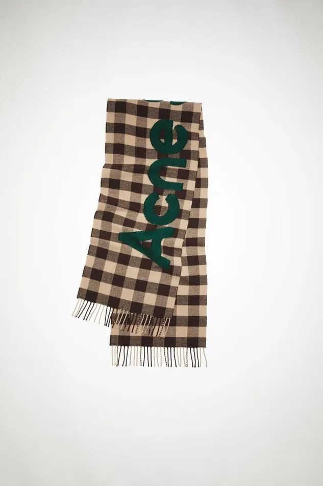 Acne Studios Check Logo Scarf Browngreen Man Scarves