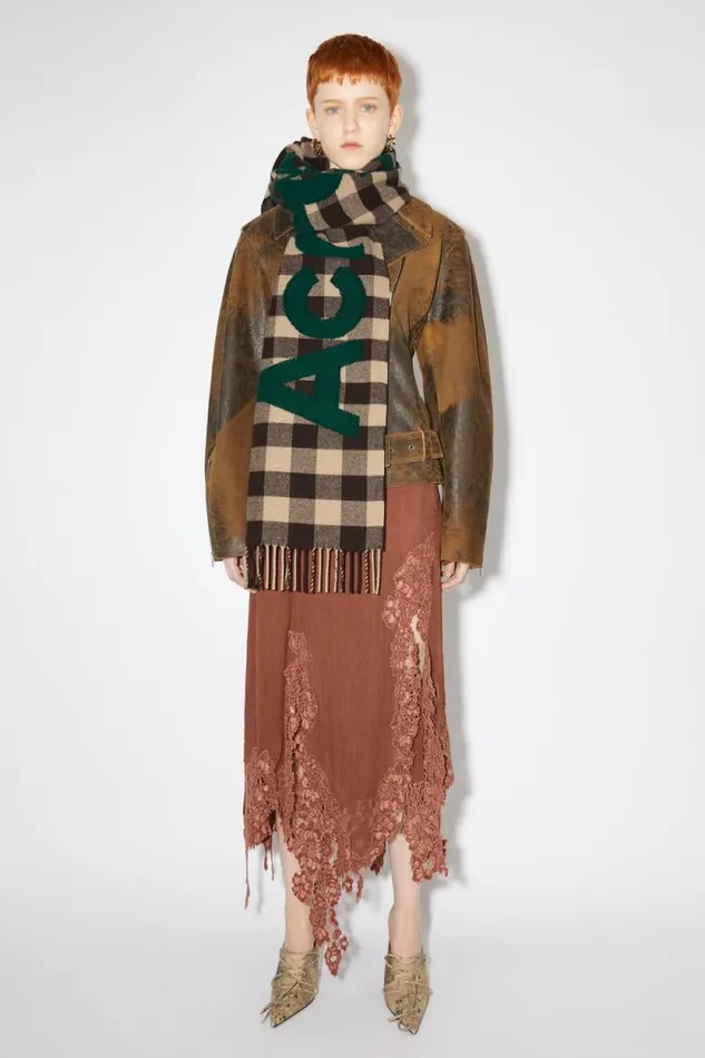Acne Studios Check Logo Scarf Browngreen Man Scarves