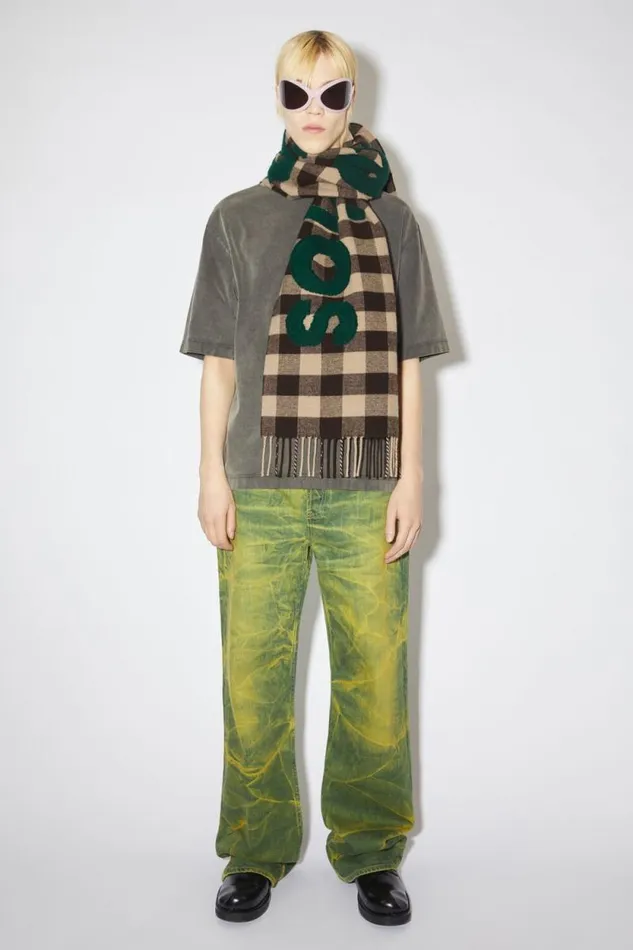 Acne Studios Check Logo Scarf Browngreen Man Scarves
