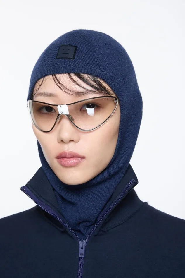 Acne Studios Face Logo Balaclava Beanie Navy Melange Woman Hats