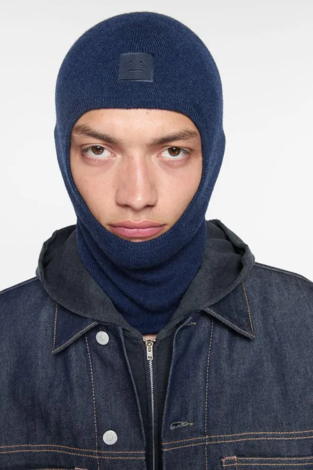 Acne Studios Face Logo Balaclava Beanie Navy Melange Woman Hats