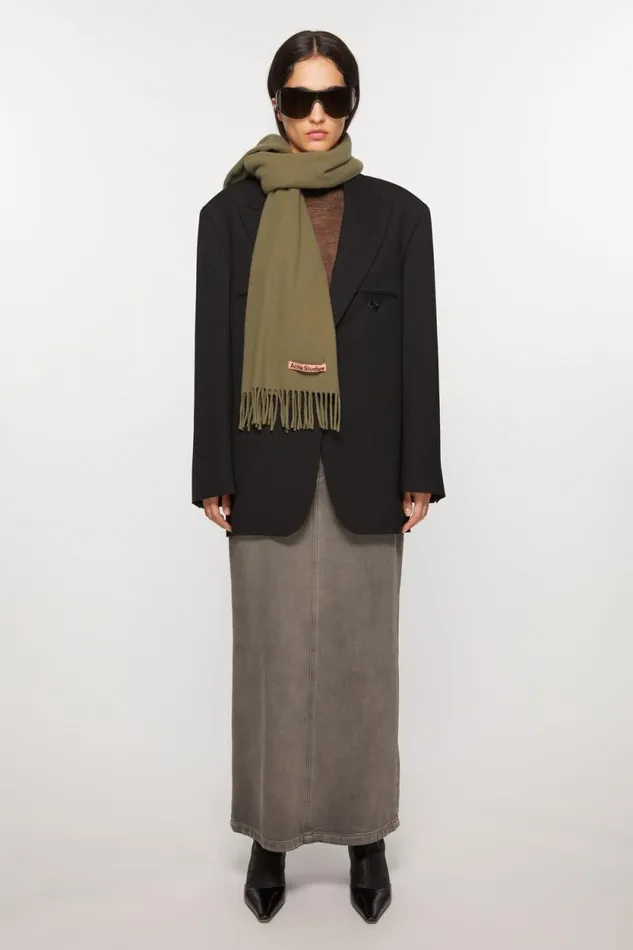 Acne Studios Fringe Wool Scarf 8211 Skinny Khaki Green Woman Scarves