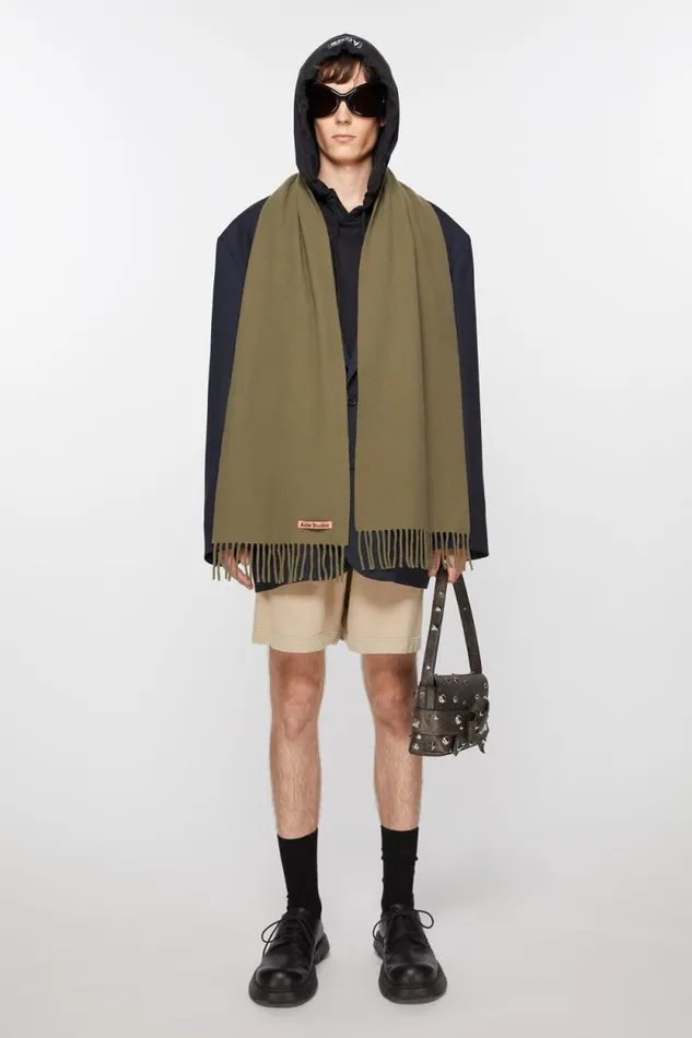 Acne Studios Fringe Wool Scarf 8211 Skinny Khaki Green Woman Scarves