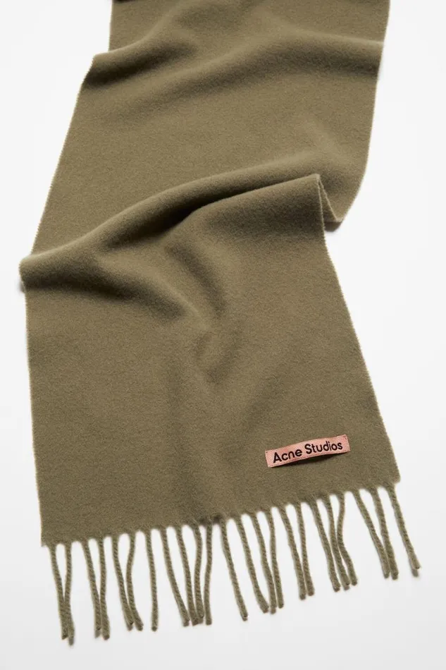 Acne Studios Fringe Wool Scarf 8211 Skinny Khaki Green Woman Scarves