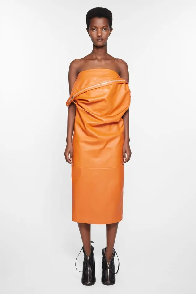 Acne Studios Leather Zipper Tape Dress Apricot Orange Woman Dresses