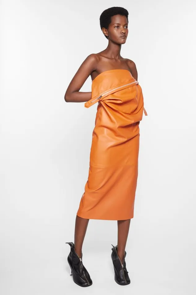 Acne Studios Leather Zipper Tape Dress Apricot Orange Woman Dresses