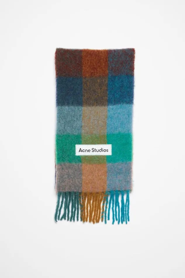Acne Studios Mohair Checked Scarf Turquoisecamelblue Woman Scarves