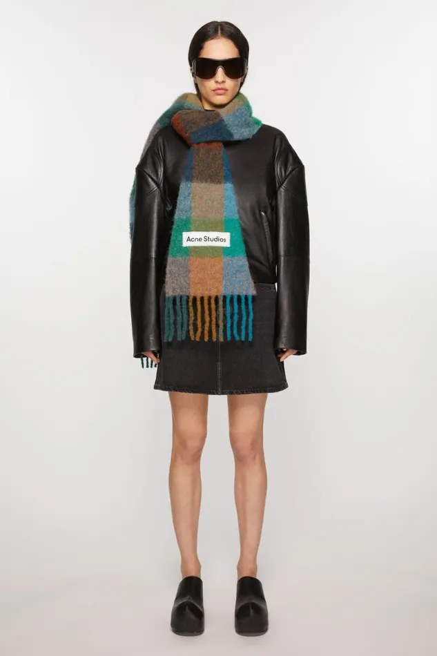 Acne Studios Mohair Checked Scarf Turquoisecamelblue Woman Scarves