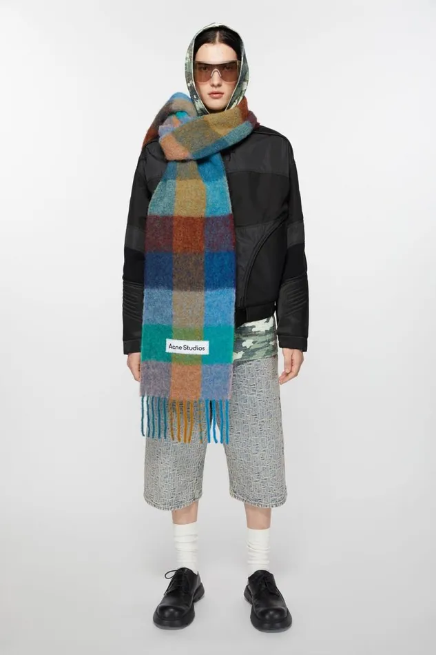 Acne Studios Mohair Checked Scarf Turquoisecamelblue Woman Scarves