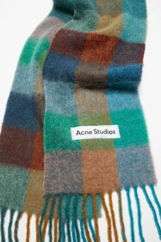 Acne Studios Mohair Checked Scarf Turquoisecamelblue Woman Scarves