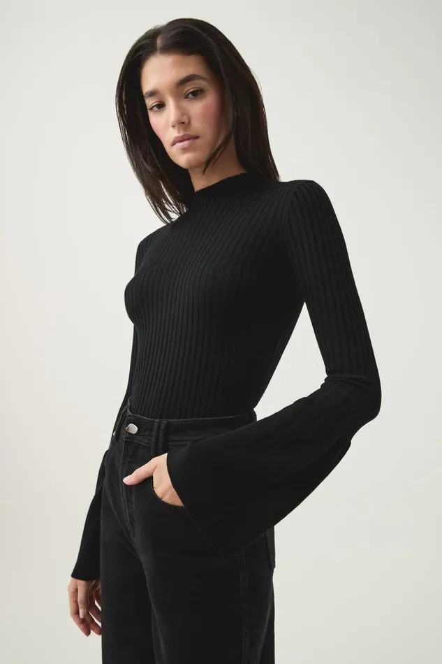 Aje Body and Crepe Knit Flute Bell Sleeve Knit Top Black 8211 Women
