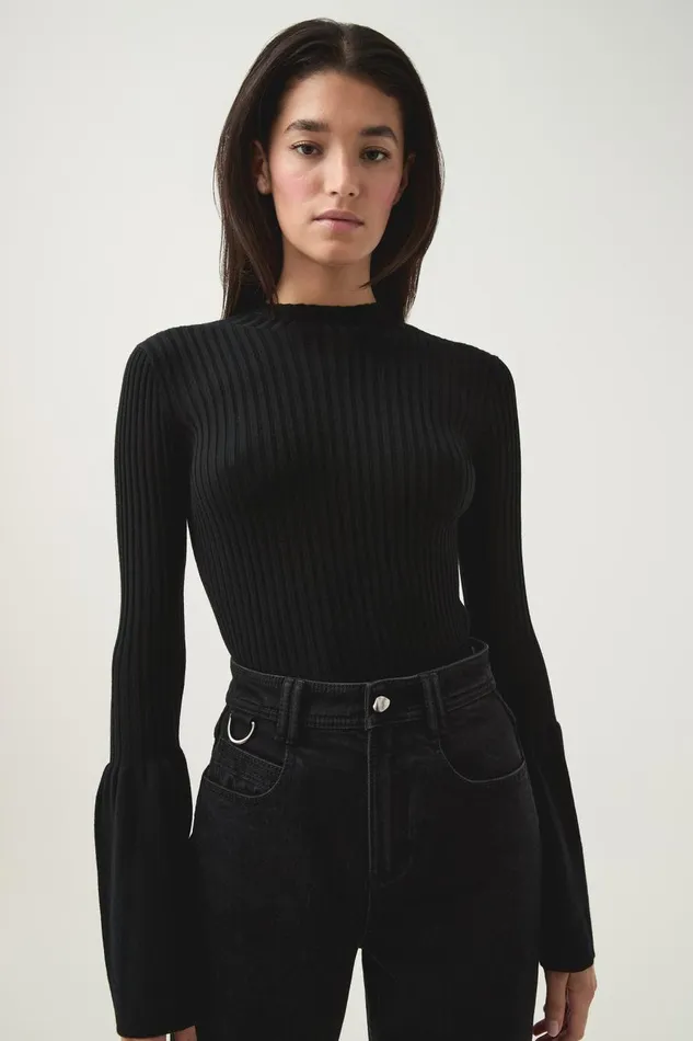 Aje Body and Crepe Knit Flute Bell Sleeve Knit Top Black 8211 Women