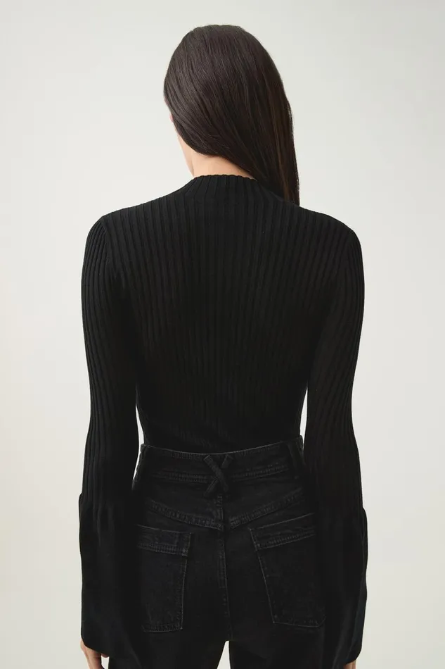 Aje Body and Crepe Knit Flute Bell Sleeve Knit Top Black 8211 Women