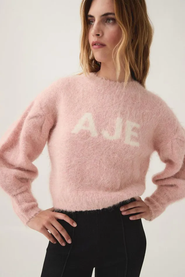 Aje Knitwear and Jumpers Moment Crew Neck Knit Blush Pink White Logo 8211 Women Aje Knitwear and Jumpers Moment Crew Neck Knit Blush Pink White Logo 8211 Women