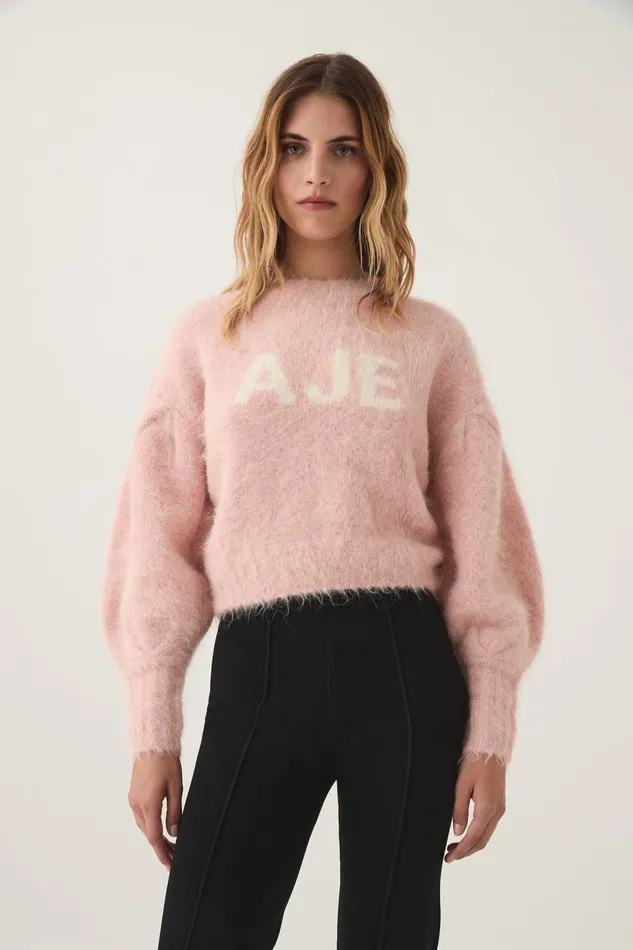 Aje Knitwear and Jumpers Moment Crew Neck Knit Blush Pink White Logo 8211 Women