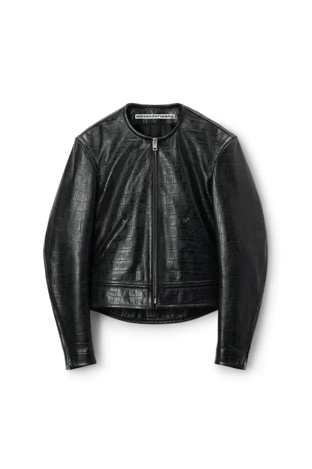 Alexander Wang Outerwear Men Collarless CrocEmbossed Leather Jacket