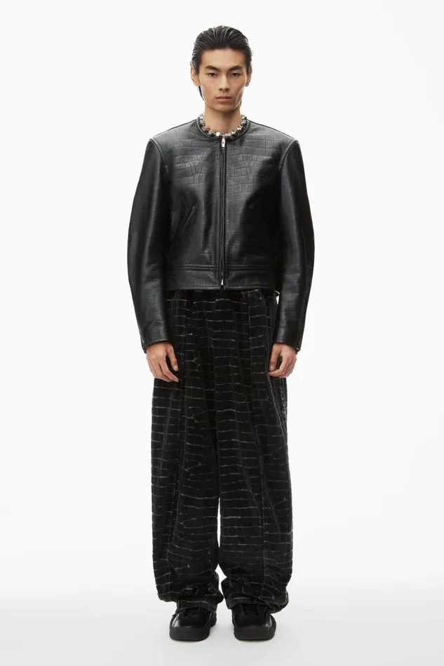 Alexander Wang Outerwear Men Collarless CrocEmbossed Leather Jacket