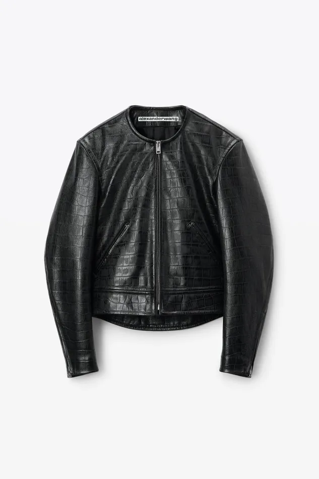Alexander Wang Outerwear Men Collarless CrocEmbossed Leather Jacket