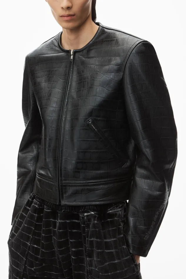 Alexander Wang Outerwear Men Collarless CrocEmbossed Leather Jacket