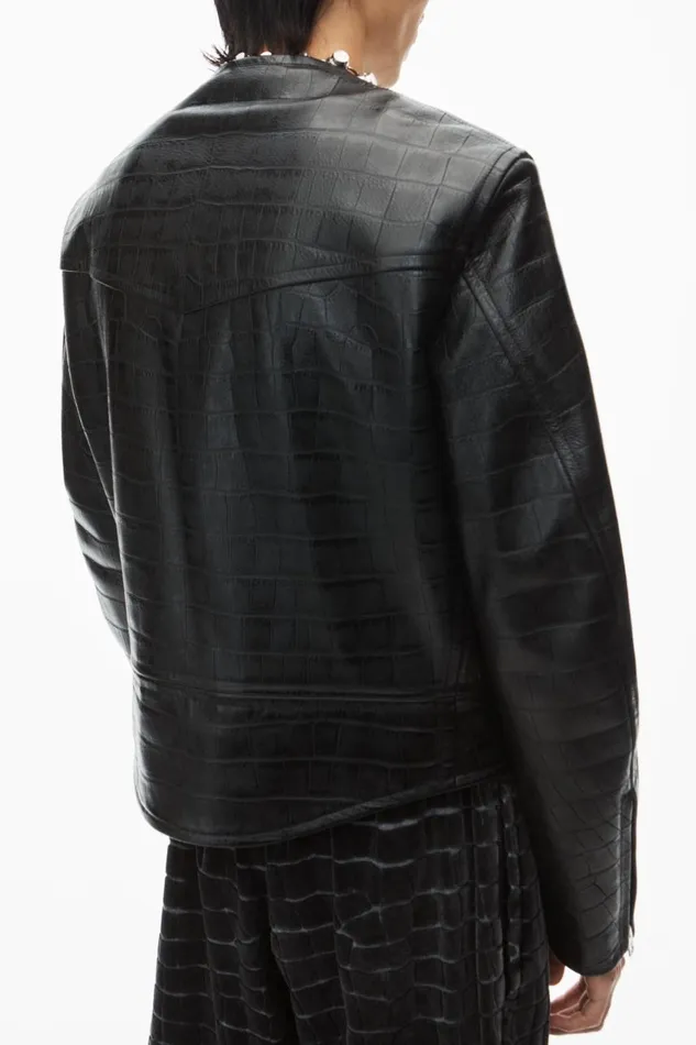 Alexander Wang Outerwear Men Collarless CrocEmbossed Leather Jacket
