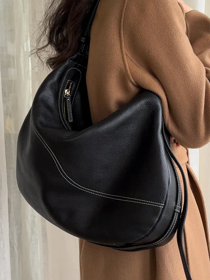 ATP Atelier Icon Bags Potenza BlackContrast Stitch Grained Leather Large Hobo Bag Blackcontrast Stitch 8211 Women