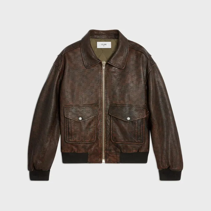 Aviator Blouson Jacket In Embossed Lambskin Dark Brown Men CELINE LEATHER