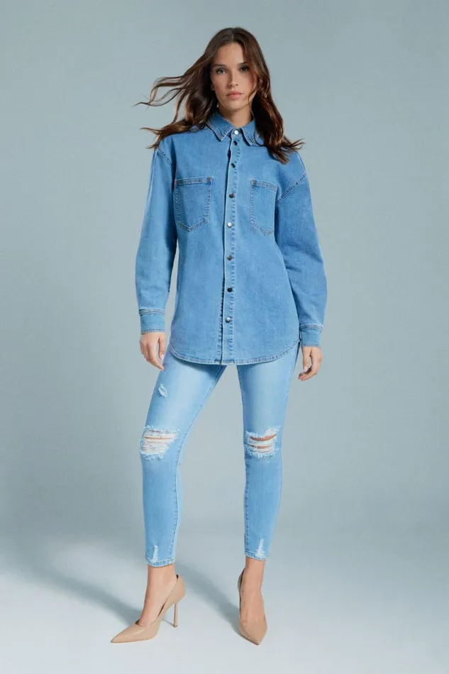 Bardot Shirts and Blouses Oversized Denim Shirt In Acid 8211 Women
