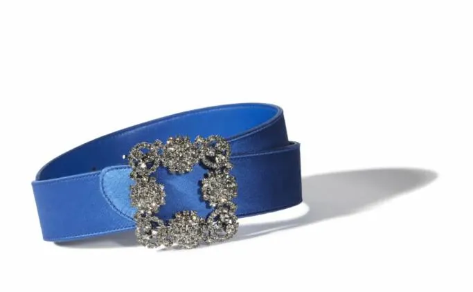 Belts Women Manolo Blahnik HANGISI BELTBlue Satin Crystal Buckled Belt