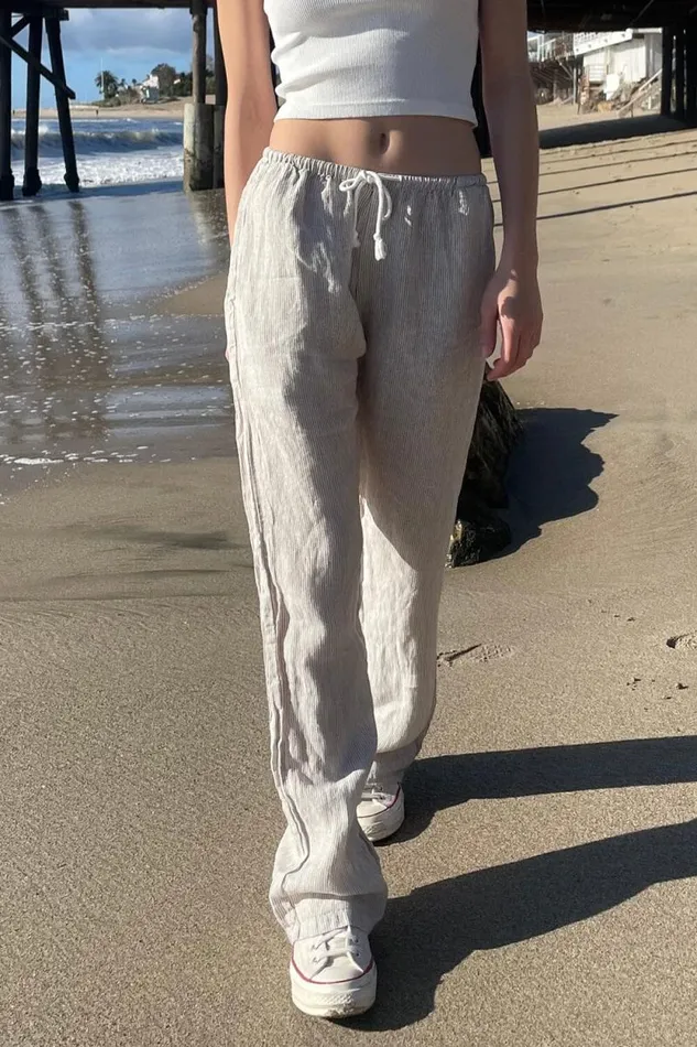 Brandy Melville Sweatpants and Sweatshirts Anastasia Linen Pants White With Beige Stripes 8211 Women