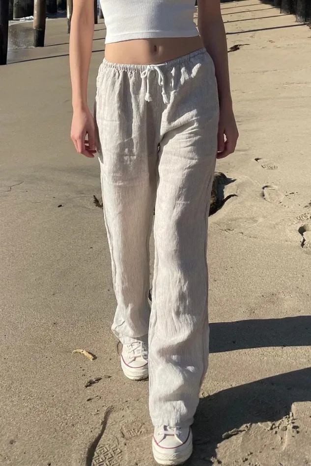 Brandy Melville Sweatpants and Sweatshirts Anastasia Linen Pants White With Beige Stripes 8211 Women