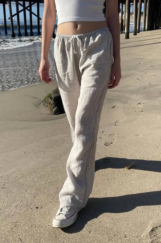 Brandy Melville Sweatpants and Sweatshirts Anastasia Linen Pants White With Beige Stripes 8211 Women