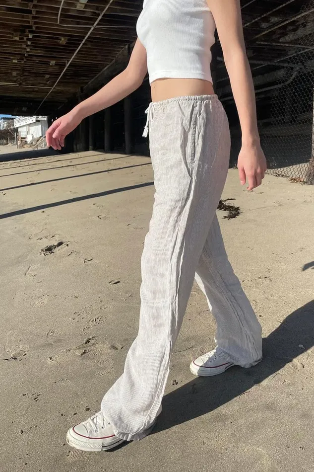 Brandy Melville Sweatpants and Sweatshirts Anastasia Linen Pants White With Beige Stripes 8211 Women