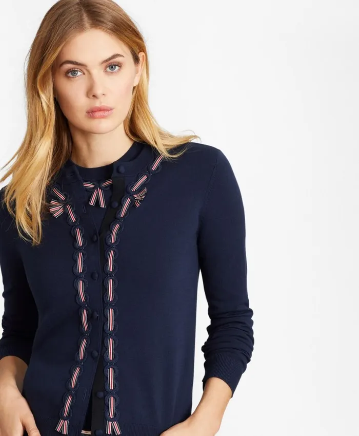 Brooks Brothers Sweaters GrosgrainTrimmed Cotton Cardigan Navy 8211 Women