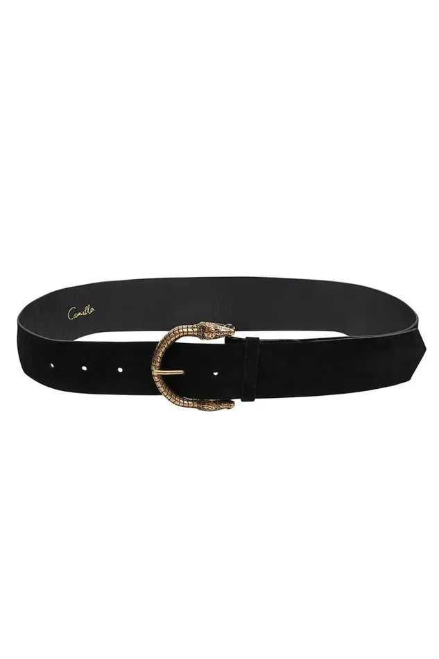 Camilla Belts Women Long Suede Buckle Belt Solid Black