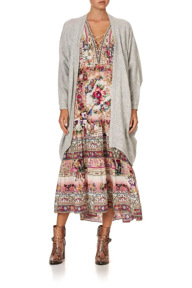 Camilla Knitwear Women Soft Knit Poncho With Embroidery Grey Istenanya