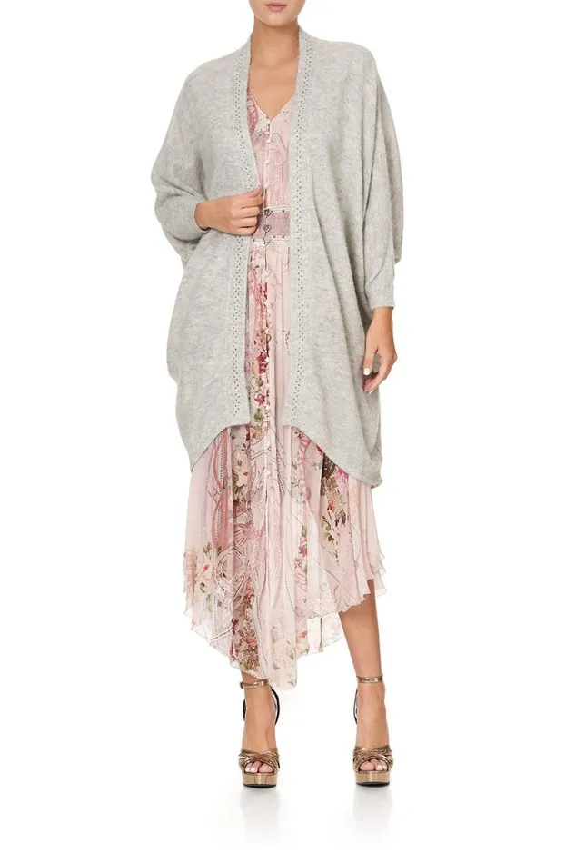 Camilla Knitwear Women Soft Knit Poncho With Embroidery Grey Istenanya