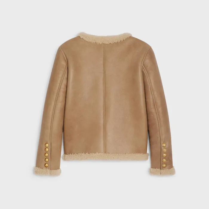 Cardigan Jacket In Curly Shearling Lambskin Cognac Cream Women CELINE LEATHER AND SHEARLING