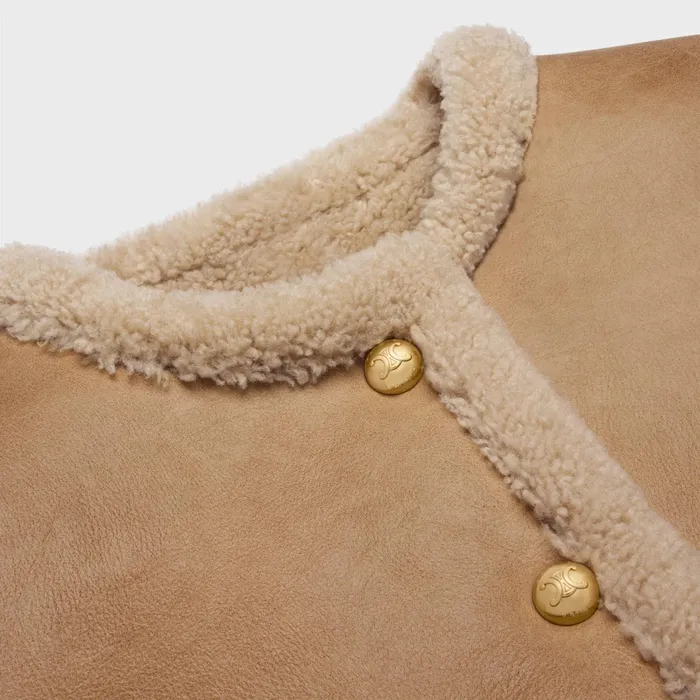 Cardigan Jacket In Curly Shearling Lambskin Cognac Cream Women CELINE LEATHER AND SHEARLING