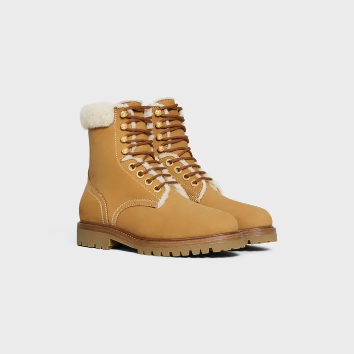 Celine Kurt LaceUp Mid Boot In Nubuck Calfskin And Shearling Light Tannatural Women CELINE BOOTS AND ANKLE BOOTS Celine Kurt LaceUp Mid Boot In Nubuck Calfskin And Shearling Light Tannatural Women CELINE BOOTS AND ANKLE BOOTS