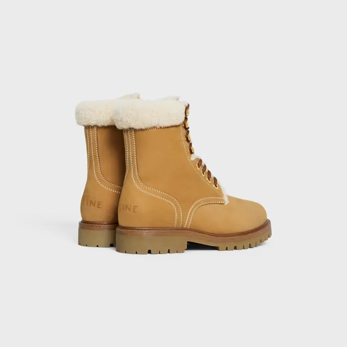 Celine Kurt LaceUp Mid Boot In Nubuck Calfskin And Shearling Light Tannatural Women CELINE BOOTS AND ANKLE BOOTS Celine Kurt LaceUp Mid Boot In Nubuck Calfskin And Shearling Light Tannatural Women CELINE BOOTS AND ANKLE BOOTS