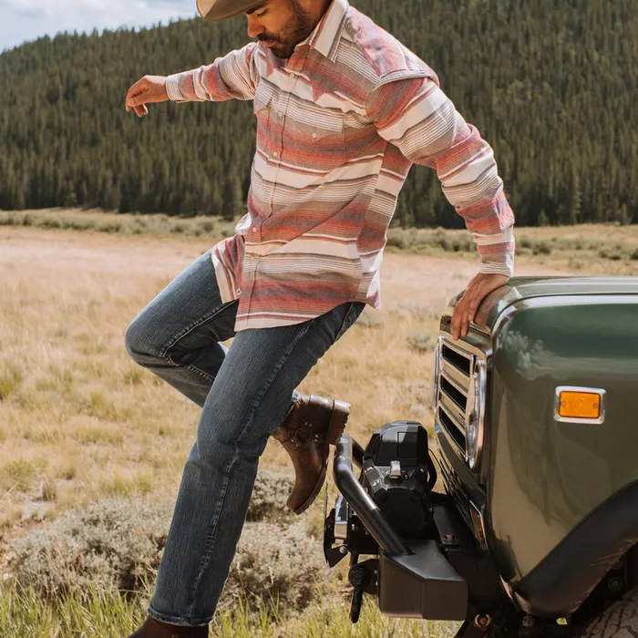 Classic Cut Men Stetson Brushed Twill Striped Shirt Red