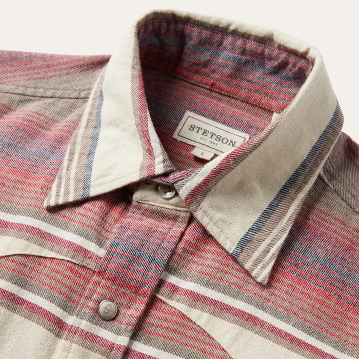 Classic Cut Men Stetson Brushed Twill Striped Shirt Red
