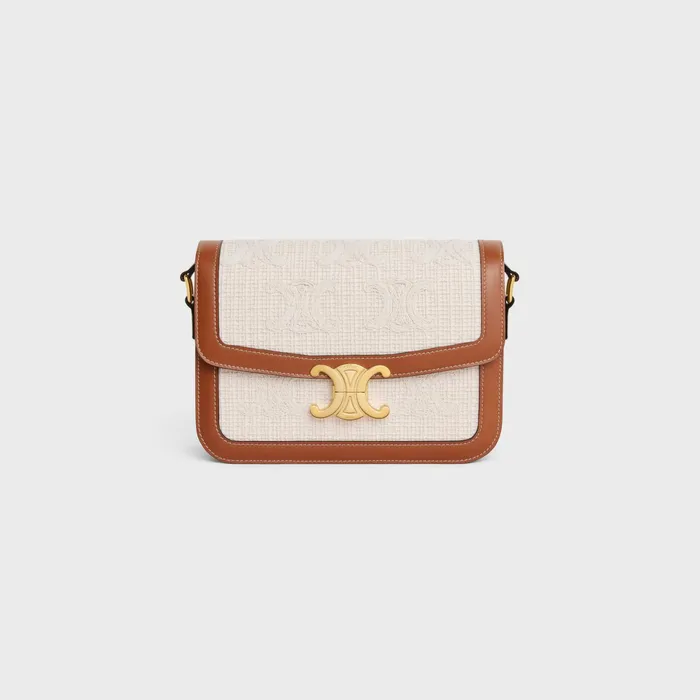 Classique Triomphe Bag In Textile With Triomphe Crochet Embroidery Natural Tan Women CELINE TRIOMPHE Classique Triomphe Bag In Textile With Triomphe Crochet Embroidery Natural Tan Women CELINE TRIOMPHE
