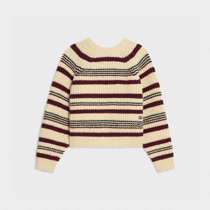 Crew Neck Sweater In Striped Ribbed Wool Off White Women CELINE KNITWEAR