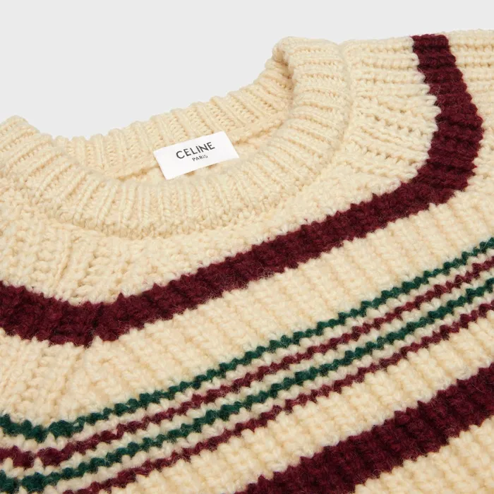 Crew Neck Sweater In Striped Ribbed Wool Off White Women CELINE KNITWEAR