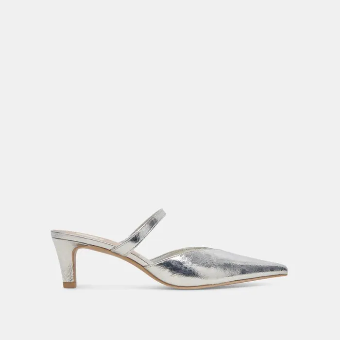 Dolce Vita Kanika Mid Heels Silver Distressed Leather Women Mules and Clogs