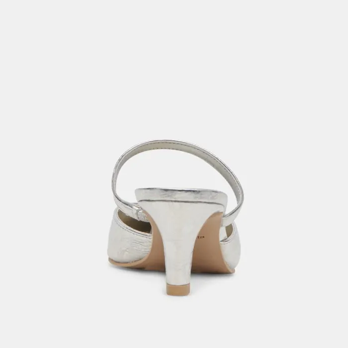 Dolce Vita Kanika Mid Heels Silver Distressed Leather Women Mules and Clogs