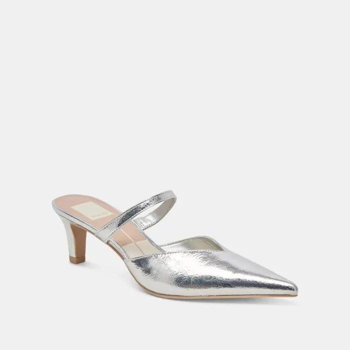Dolce Vita Kanika Mid Heels Silver Distressed Leather Women Mules and Clogs