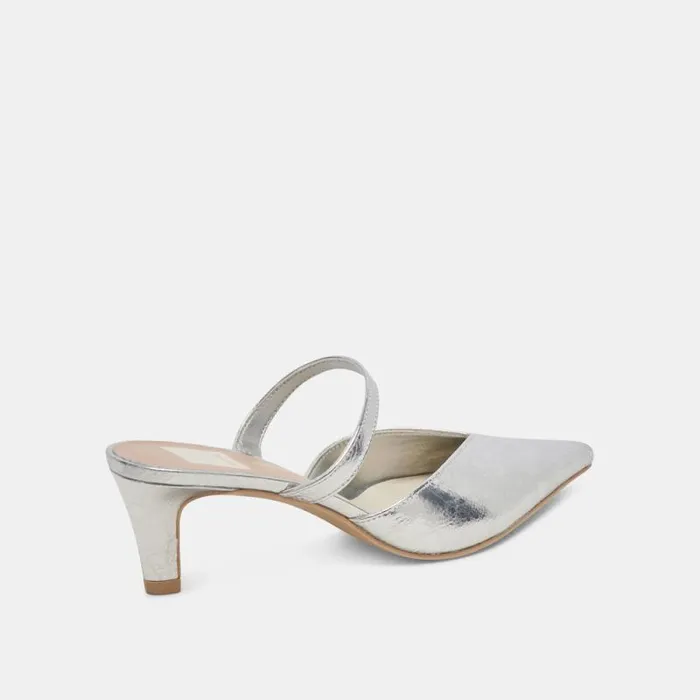 Dolce Vita Kanika Mid Heels Silver Distressed Leather Women Mules and Clogs