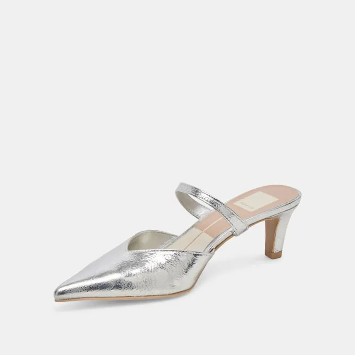 Dolce Vita Kanika Mid Heels Silver Distressed Leather Women Mules and Clogs